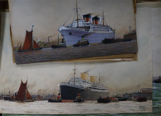 Herbert Touzeau Ahier Marine subjects largest 10.75 x 14.75in.